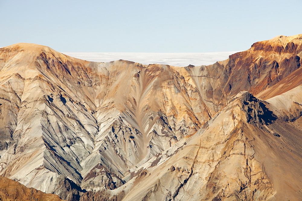 Blatindur peak seen from Kristiartindar with the Vatnajokull ice cap beyond, Iceland, Polar Regions