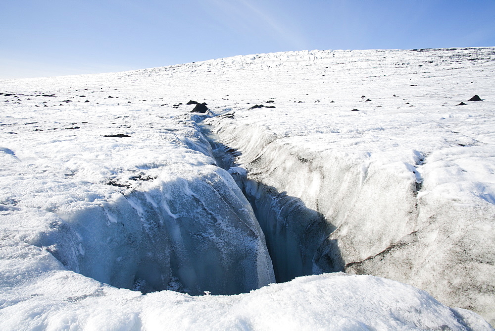 A moulin (meltwater sink hole) on the Langjokull glacier, Iceland, Polar Regions