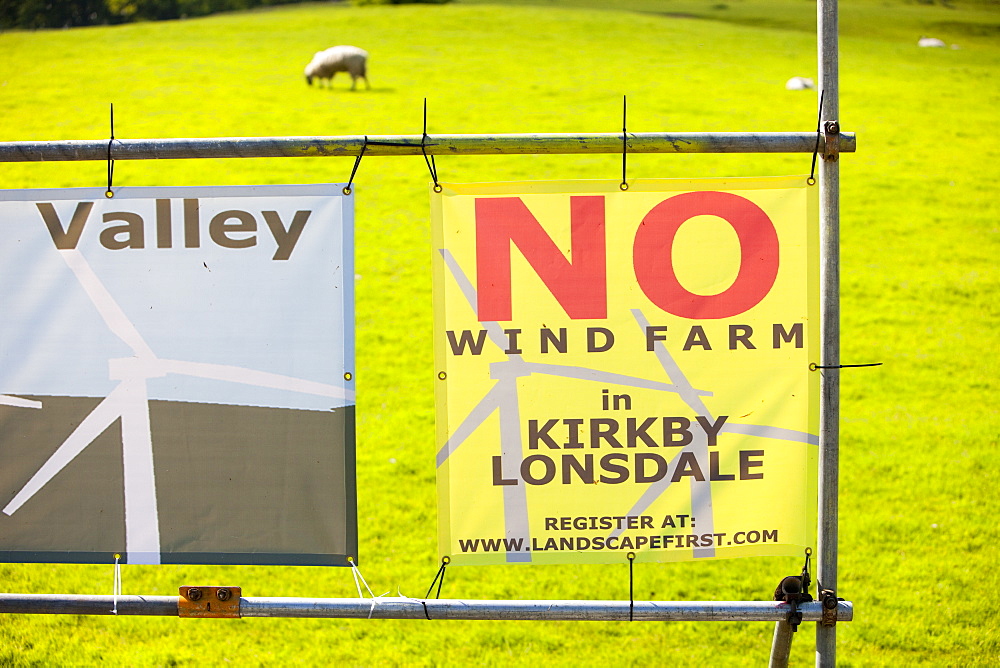 Banners protesting against a potential wind farm development near Kirkby Lonsdale, Cumbria, England, United Kingdom, Europe