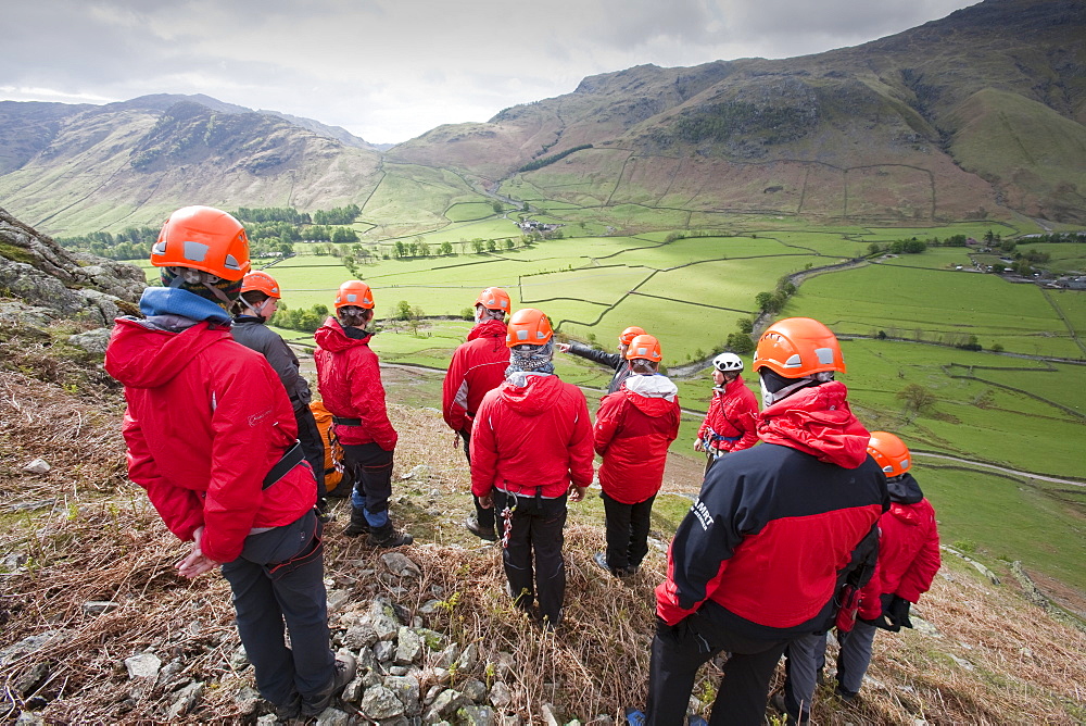 Members of the Langdale Ambleside Mountain Rescue Team training in the Langdale Valley, Lake District, Cumbria, England, United Kingdom, Europe