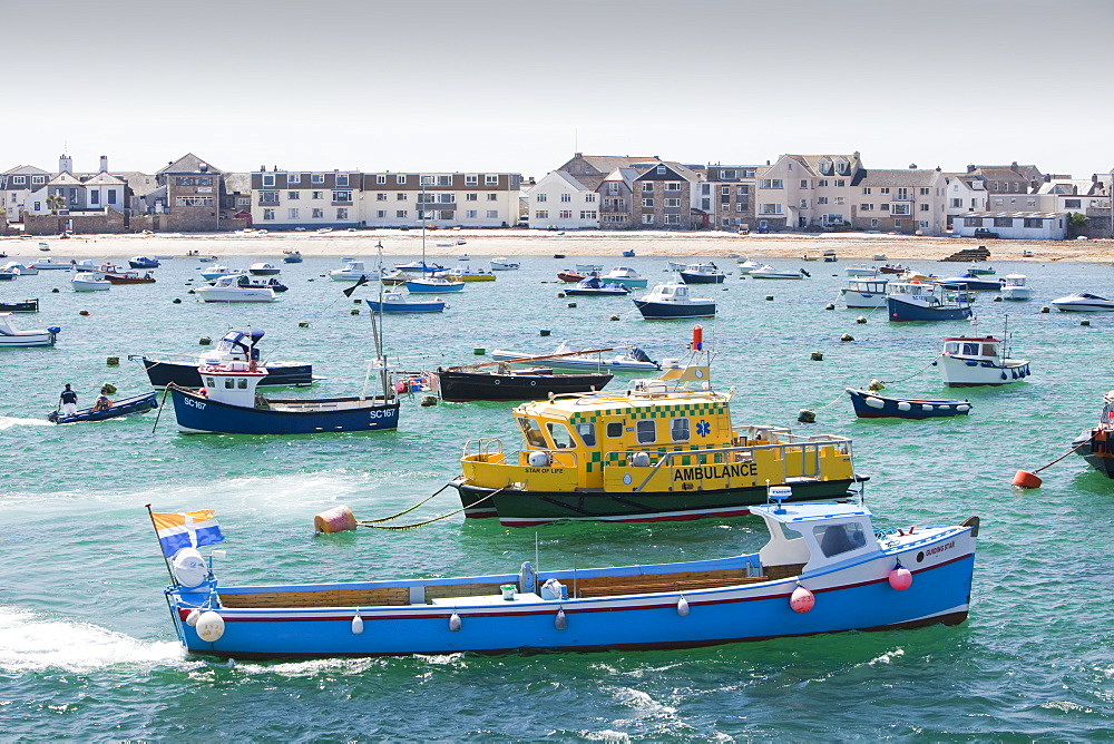 An ambulance boat moored in Hugh Town harbour on St. Mary's, Isles of Scilly, United Kingdom, Europe