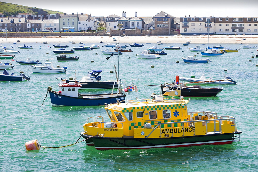 An ambulance boat moored in Hugh Town harbour on St. Mary's, Isles of Scilly, United Kingdom, Europe