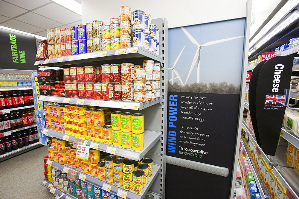 A poster in the St. Just Coop highlighting the fact that all of the Coop's supermarkets are powered by electricity generated from renewable energy, Cornwall, England, United Kingdom, Europe