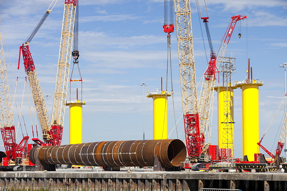 Manufacturing the foundations for off shore wind turbines for the Walney Wind Farm in the Irish Sea, at Dong Energy's site in Barrow in Furness, Cumbria, England, United Kingdom, Europe