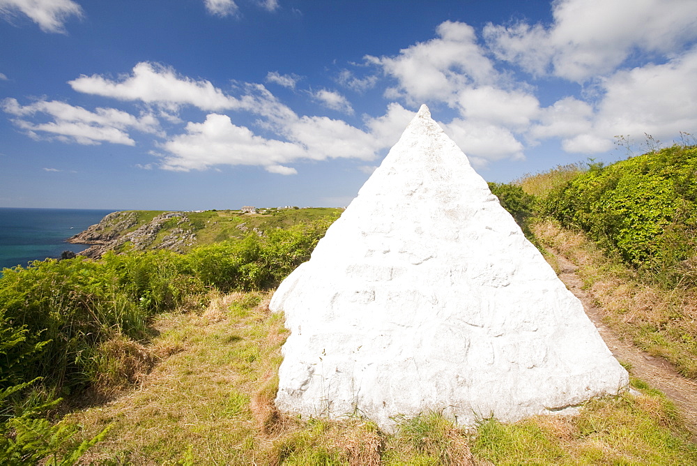 A cairn marking the point where the first submarine telegraph cable crossed from the U.K. to the U.S.A., at Porthcurno, Cornwall, England, United Kingdom, Europe