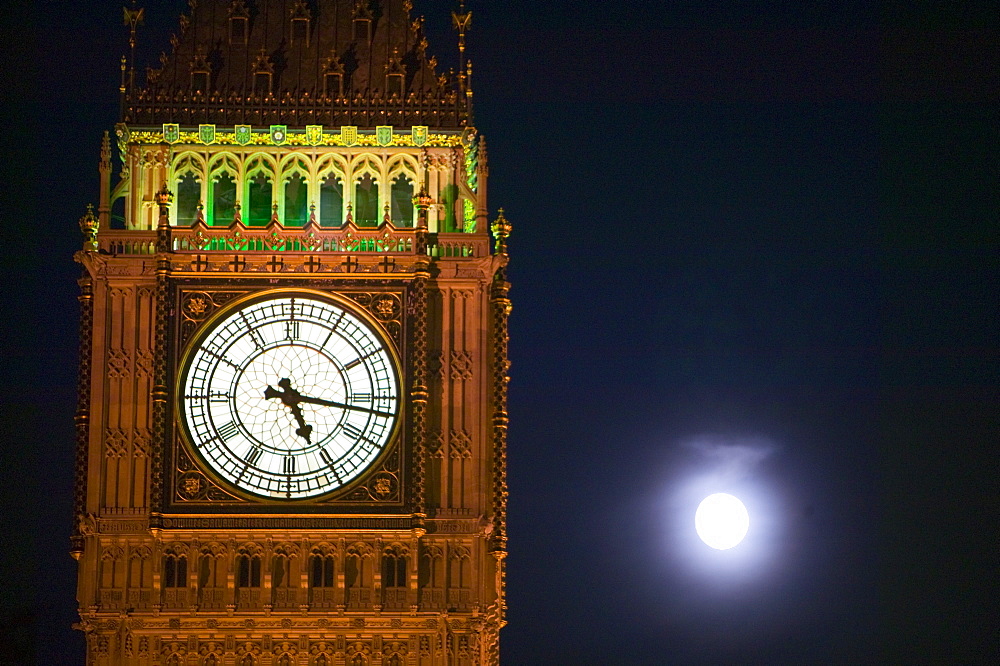Big Ben at night and a full moon, Westminster, London, England, United Kingdom, Europe