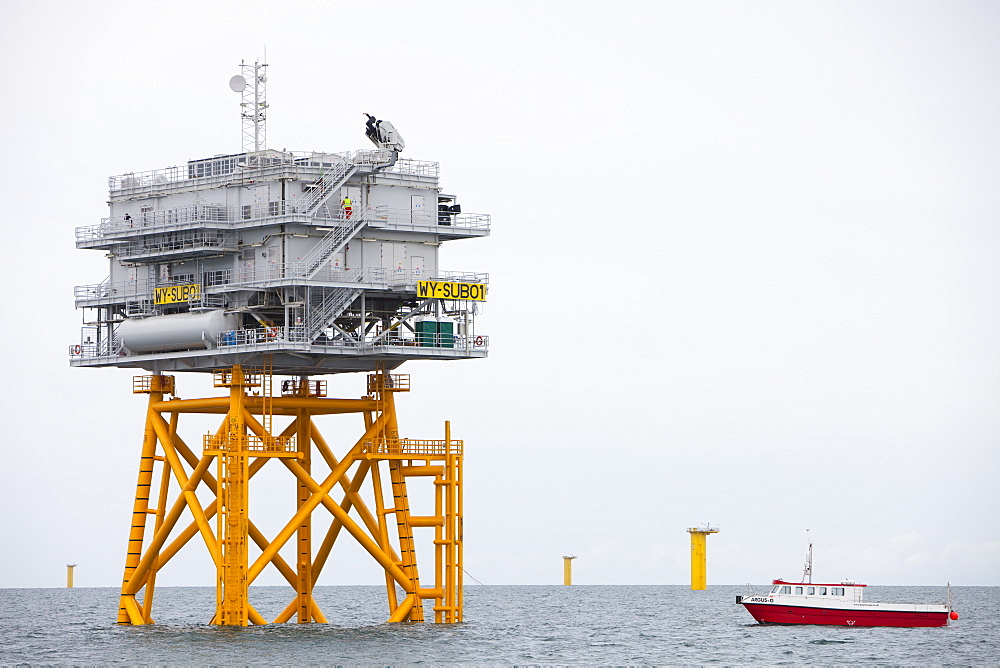 The transformer substation that connects all the electric cable from each turbine, before sending the electricity ashore, Walney Offshore Wind Farm, Barrow in Furness, Cumbria, England, United Kingdom, Europe