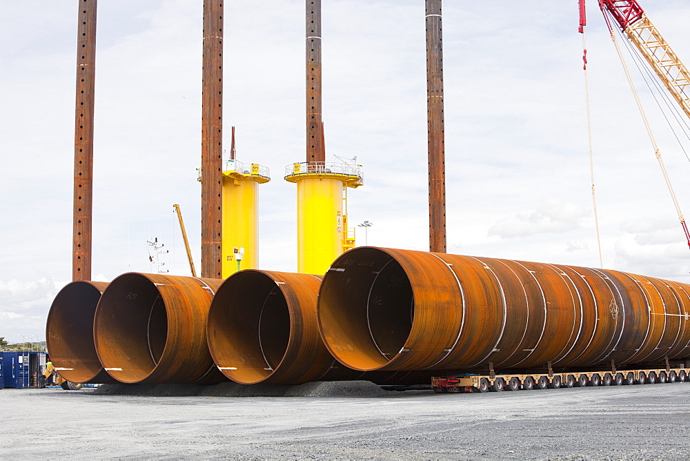 The massive monopiles that are hammered 30 metres into the seabed to anchor the wind turbines, Walney Offshore Wind Farm, Barrow in Furness, Cumbria, England, United Kingdom, Europe