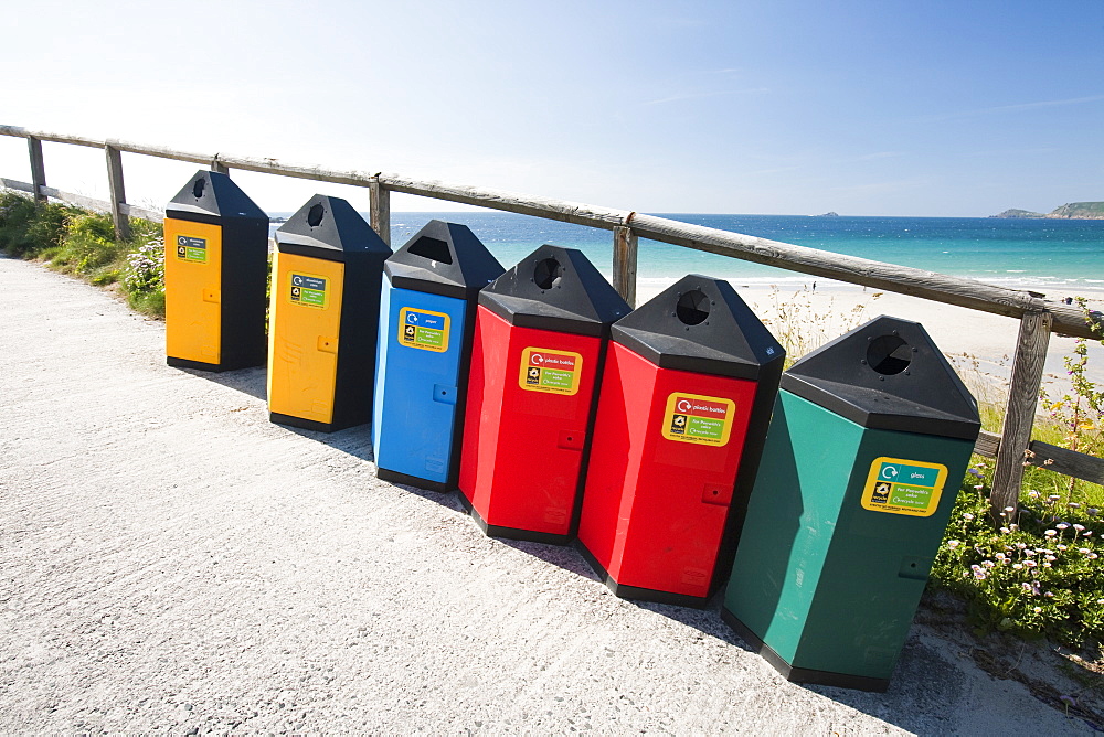 Recycling bins at Sennen Cove, Cornwall, England, United Kingdom, Europe