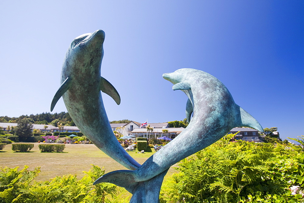 The Dolphin sculpture by David Wynne in the grounds of the Island Hotel on Tresco, Isles of Scilly, United Kingdom, Europe