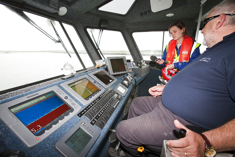 The bridge of the offshore support vessel being used by Dong Energy to ferry staff out to the offshore wind farm, Barrow in Furness, Cumbria, England, United Kingdom, Europe