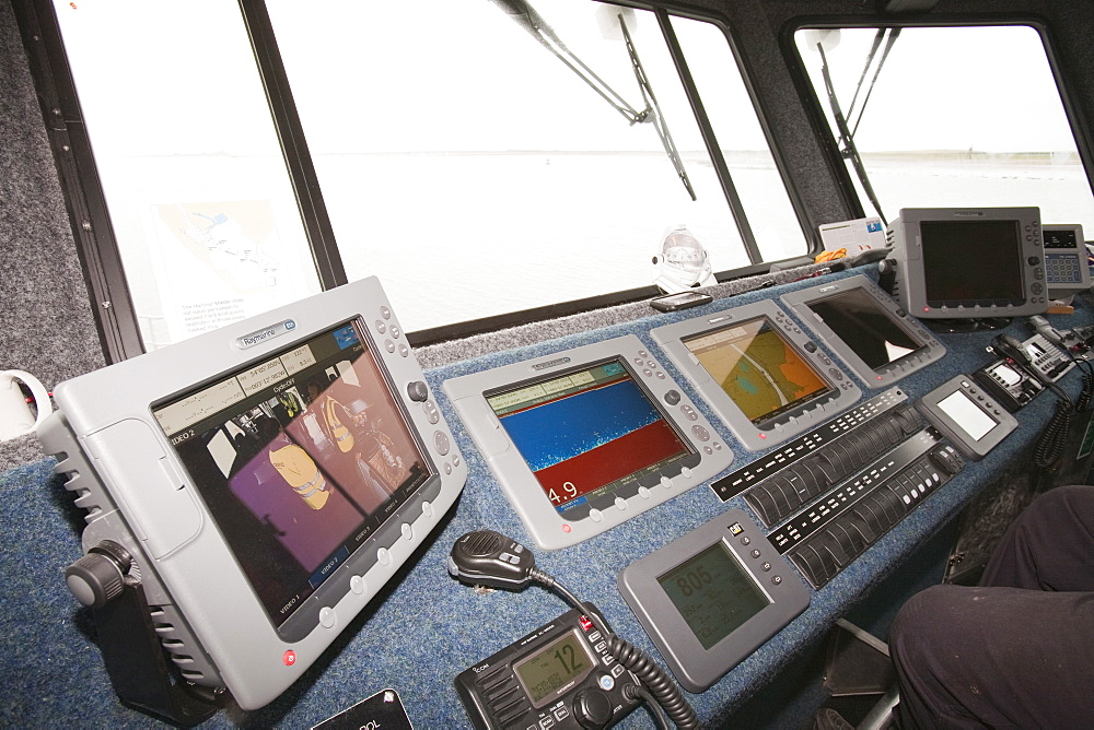 The bridge of the offshore support vessel being used by Dong Energy to ferry staff out to the offshore wind farm, Barrow in Furness, Cumbria, England, United Kingdom, Europe