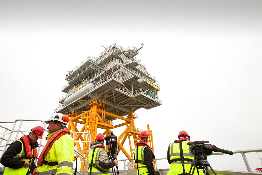 The transformer substation that connects all the electric cable from each turbine, before sending the electricity ashore, Walney Offshore Wind Farm, Barrow in Furness, Cumbria, England, United Kingdom, Europe