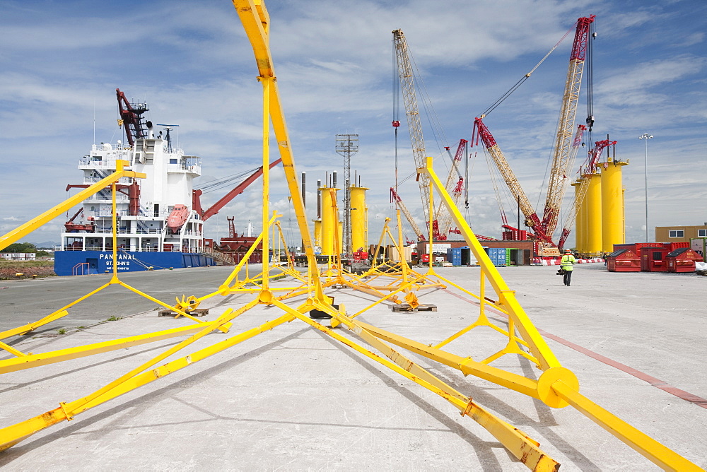 Transition pieces on the quayside for the Walney Offshore Windfarm project, located 15km off Barrow in Furness in Cumbria, England, United Kingdom, Europe