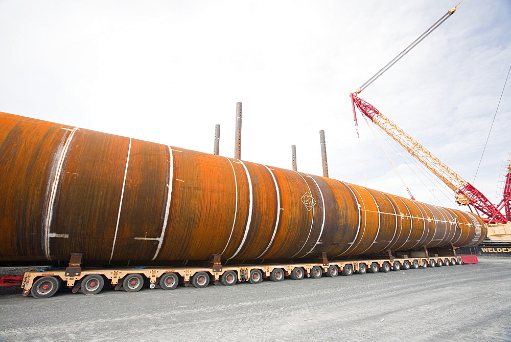 The massive monopiles that are hammered 30 metres into the seabed to anchor the wind turbines, Walney Offshore Wind Farm, Barrow in Furness, Cumbria, England, United Kingdom, Europe