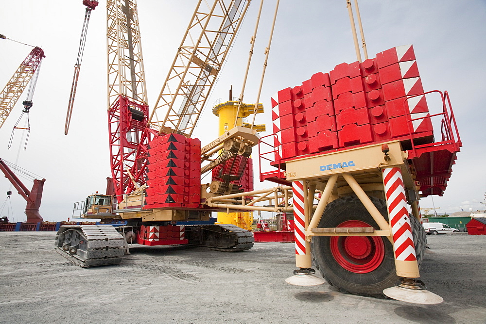 Huge weighted cranes used to lift components for the Walney Offshore Wind Farm, Barrow in Furness, Cumbria, England, United Kingdom, Europe