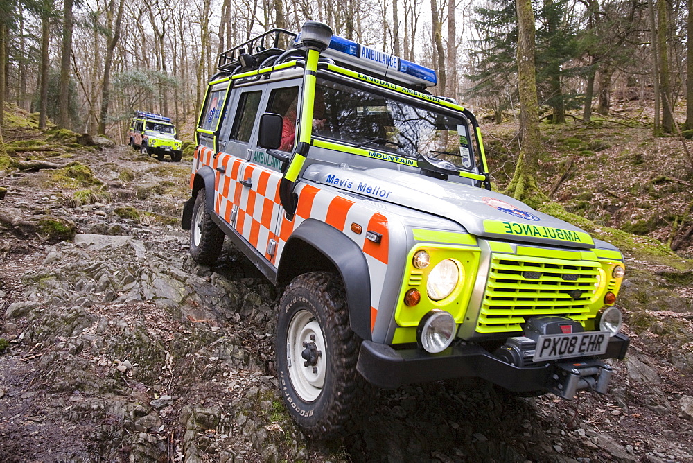 Langdale Ambleside Mountain Rescue Team Landrover off road on a mountain rescue above Ambleside in the Lake District, Cumbria, England, United Kingdom, Europe