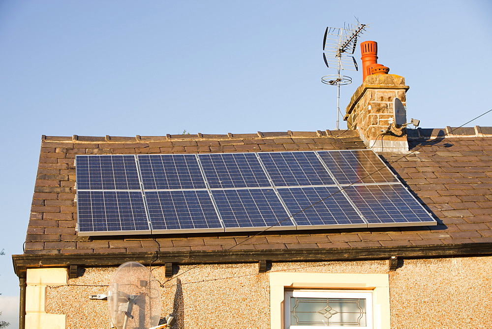 Solar panels on the roof of a terraced house in Clitheroe, Lancashire, England, United Kingdom, Europe