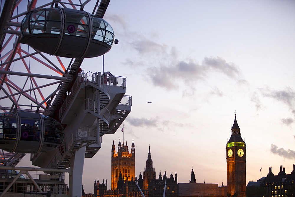 The London Eye and the Houses of Parliament across the River Thames, London, England, United Kingdom, Europe