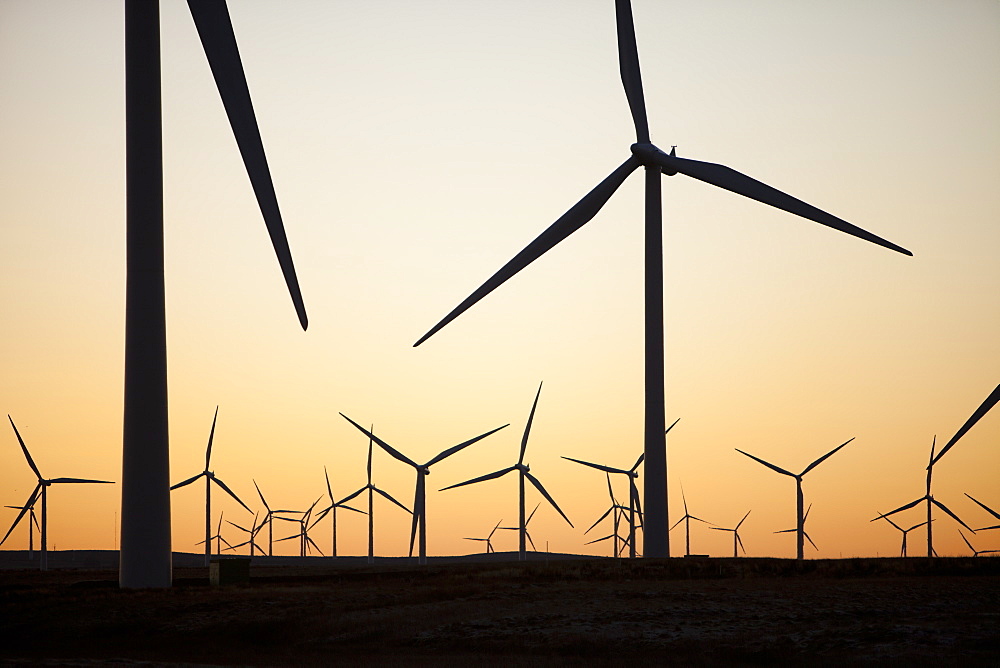 Dawn over Whitlee wind farm on Eaglesham Moor just south of Glasgow in Scotland, United Kingdom, Europe