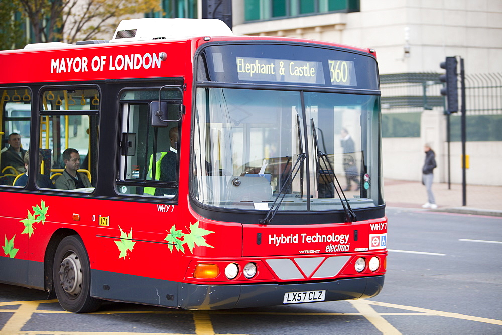 An electric hybrid technology bus in London, England, United Kingdom, Europe