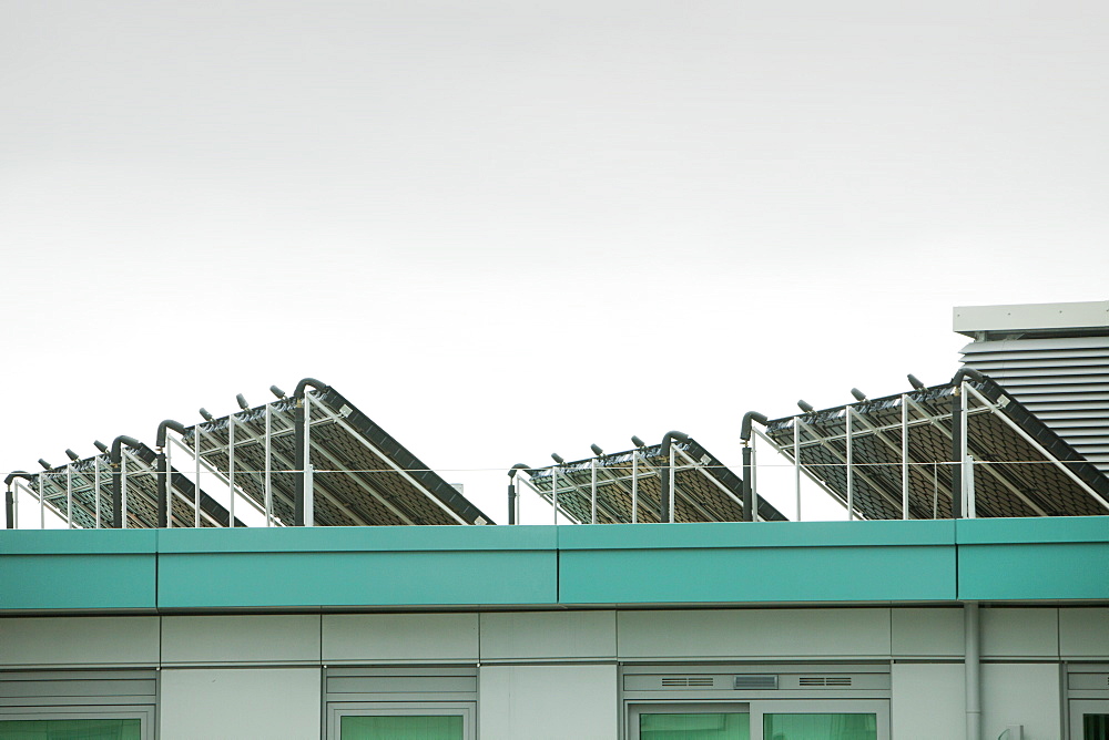 Solar hot water panels on top of St. George's Wharf, an exclusive development of apartments at Vauxhall, London, England, United Kingdom, Europe