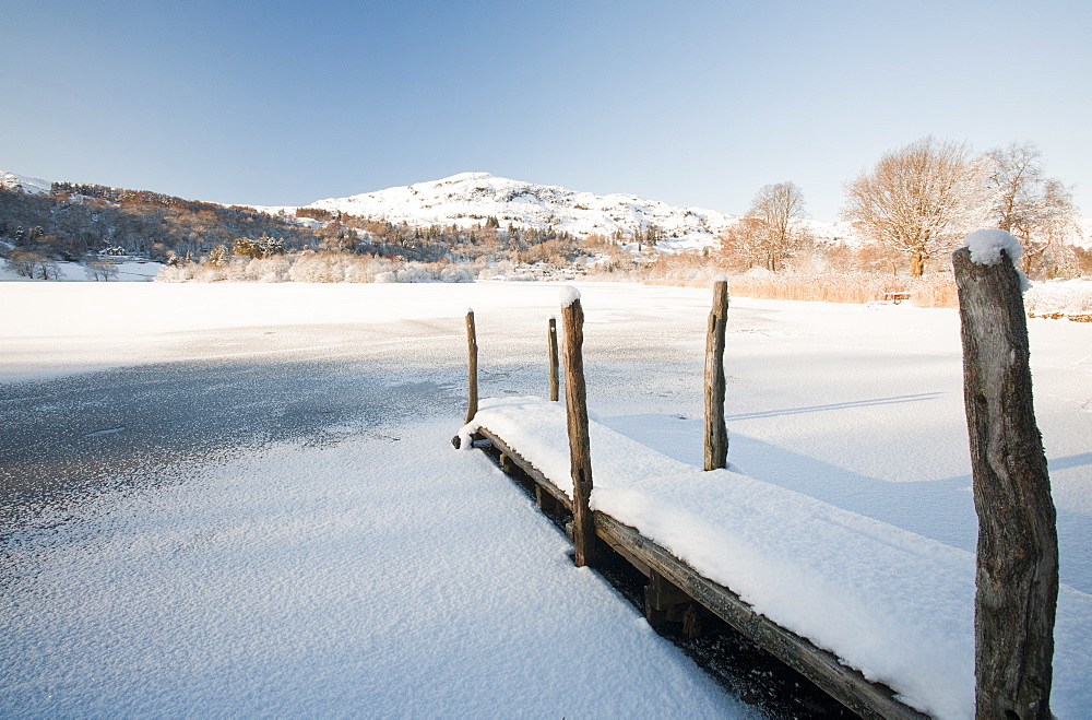 Grasmere lake in the Lake District National Park, iced over during a cold snap in December 2010, Cumbria, England, United Kingdom, Europe