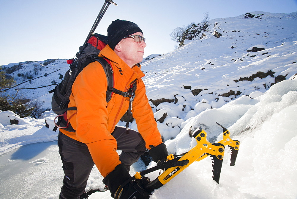 A mountaineer ice climbing on Sour Milk Ghyll in Easedale, Grasmere, Lake District, Cumbria, England, United Kingdom, Europe