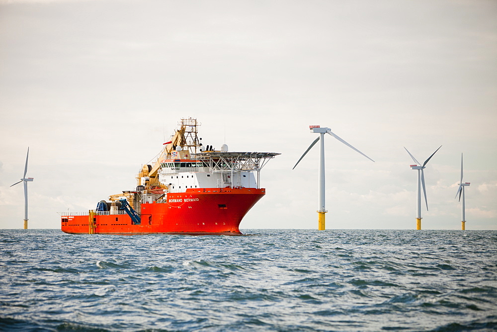 Offshore support and cable laying vessels, The Walney Offshore Windfarm, 15km off Barrow in Furness in Cumbria, England, United Kingdom, Europe