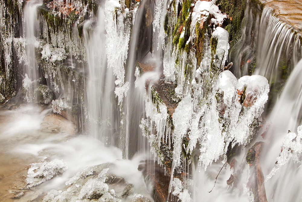 Ice on a weir in Ambleside, Lake District, Cumbria, England, United Kingdom, Europe