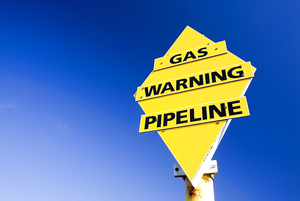 A warning sign for the gas pipeline which brings natural gas from the Morecambe Bay gas field to the gas processing plant in Barrow in Furness, Cumbria, England, United Kingdom, Europe