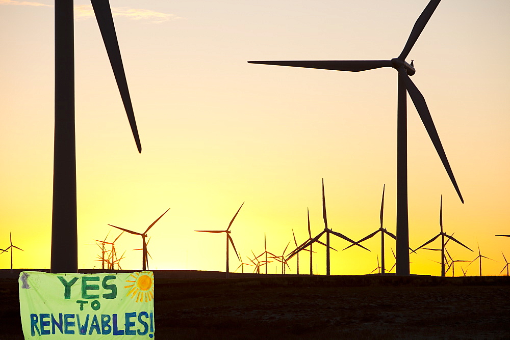 Dawn over Whitlee wind farm on Eaglesham Moor just south of Glasgow in Scotland, United Kingdom, Europe