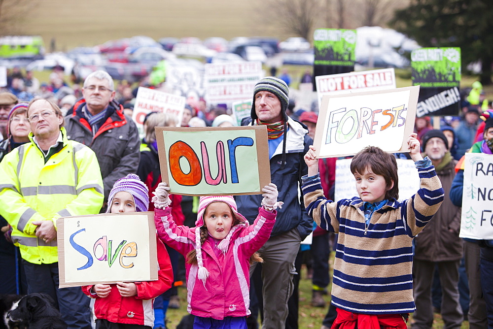 Members of the public protesting in Grizedale Forest against government proposals to sell off Forestry Commission land, Lake District, Cumbria, England, United Kingdom, Europe