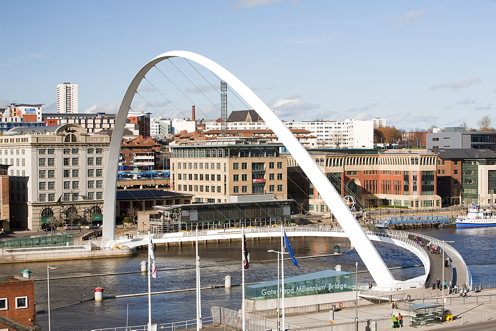 The Millennium Bridge in Gateshead across the River Tyne, Tyneside, England, United Kingdom, Europe