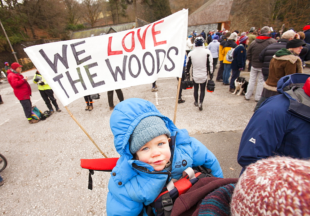 Members of the public protesting in Grizedale Forest against government proposals to sell off Forestry Commission land, Lake District, Cumbria, England, United Kingdom, Europe