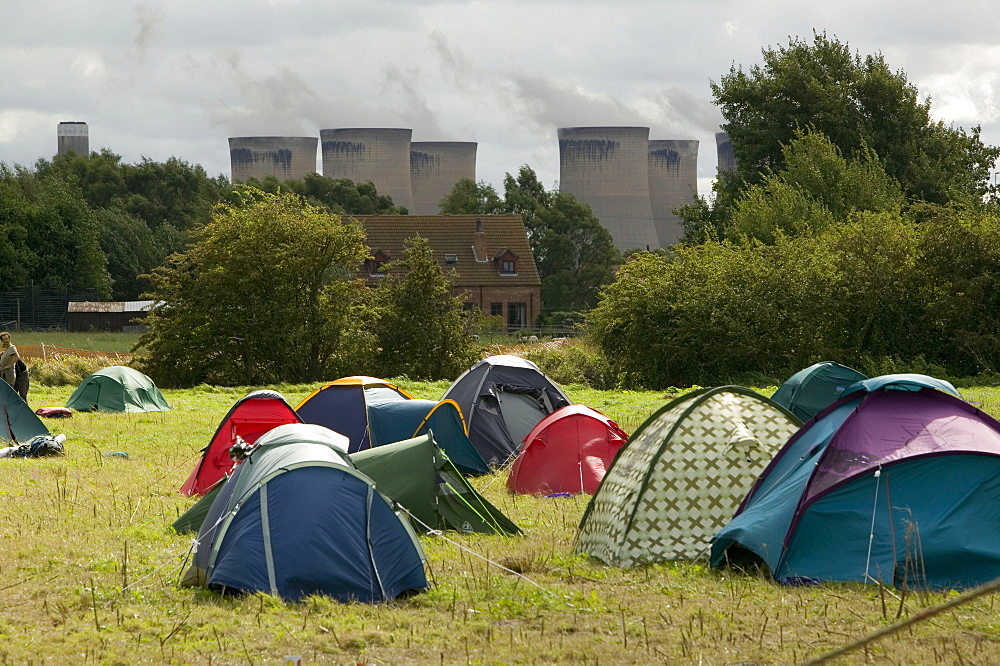 The climate camp protest site near Drax coal fired power station, Yorkshire, England, United Kingdom, Europe