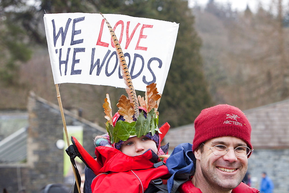 Members of the public protesting in Grizedale Forest against government proposals to sell off Forestry Commission land, Lake District, Cumbria, England, United Kingdom, Europe