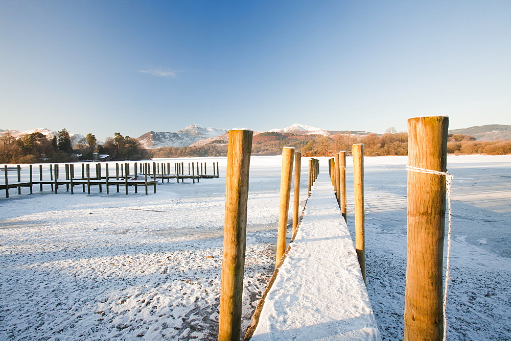 Derwent Water at Keswick in the Lake District completely frozen over during December 2010, Cumbria, England, United Kingdom, Europe