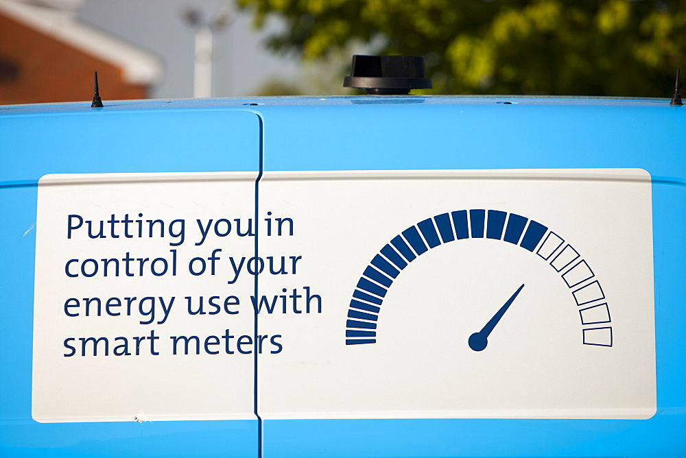 An advert on the side of a Scottish Gas car for smart meters, Scotland, United Kingdom, Europe