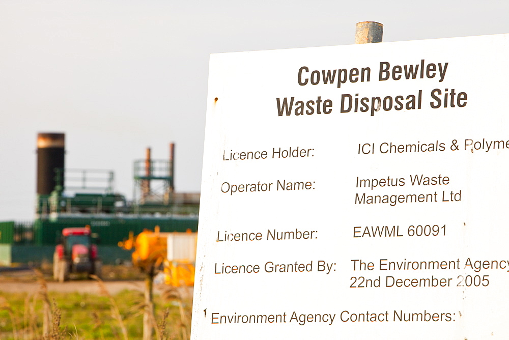 Cowpen Bewley landfill site taps off methane from the decomposition of organic waste and feeds it directly into the gas grid, with the gas plant in the background, Billingham, Teesside, England, United Kingdom, Europe