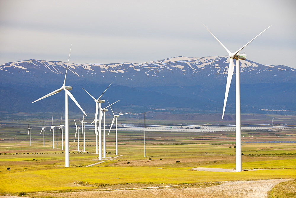 A wind farm near La Calahorra with the world's largest solar power station in the background, Andalucia, Spain, Europe