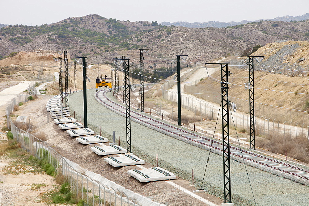 A new electrified railway line being built into Alicante, Murcia, Spain, Europe