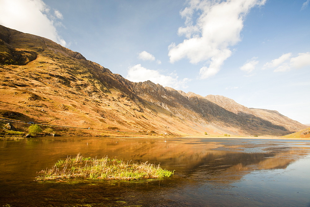 Looking up towards the Aonach Eagach a famous mountain ridge in Glen Coe, Scotland, United Kingdom, Europe