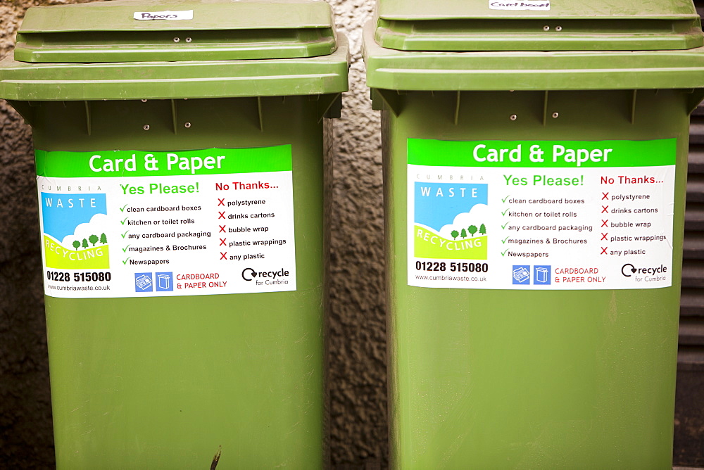 Recycling bins outside an Ambleside hotel, Cumbria, England, United Kingdom, Europe