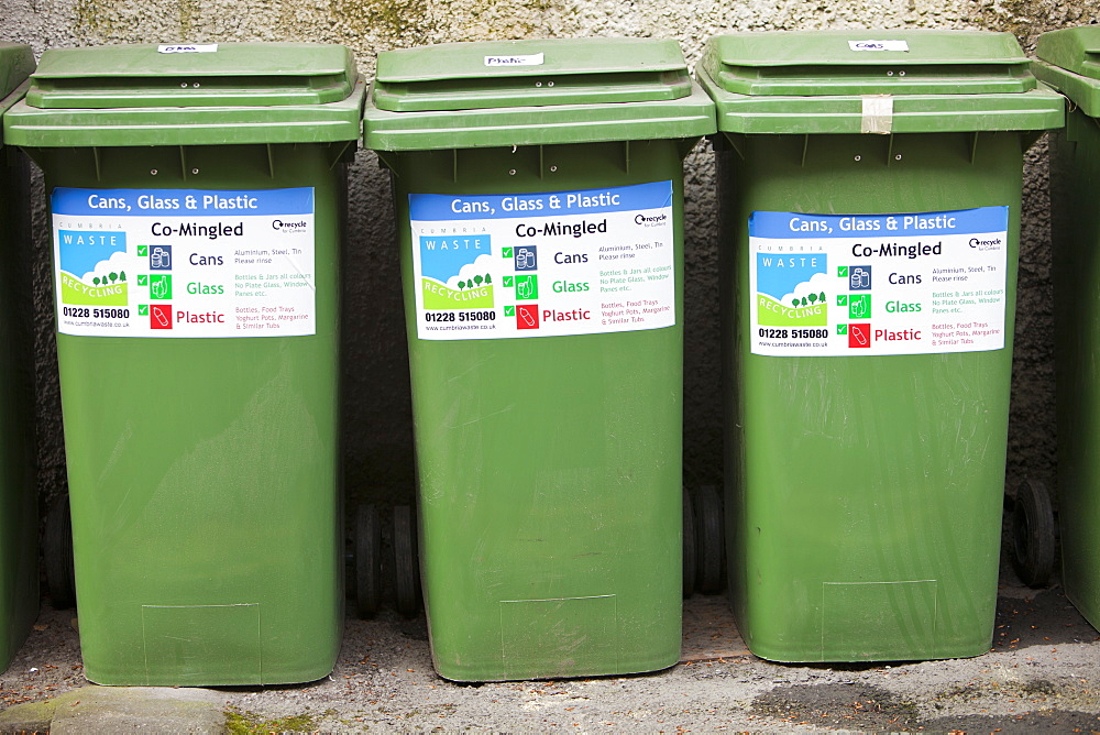 Recycling bins outside an Ambleside hotel, Cumbria, England, United Kingdom, Europe