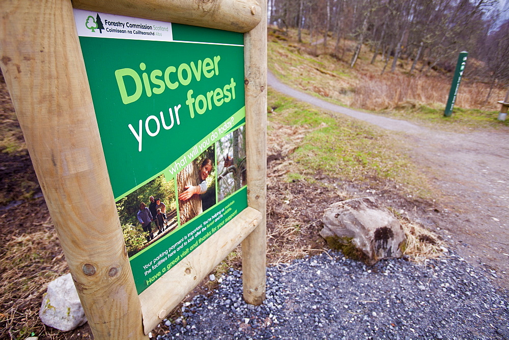 A Forestry Commission sign at Feshiebridge in the Cairngorms, Scotland, United Kingdom, Europe