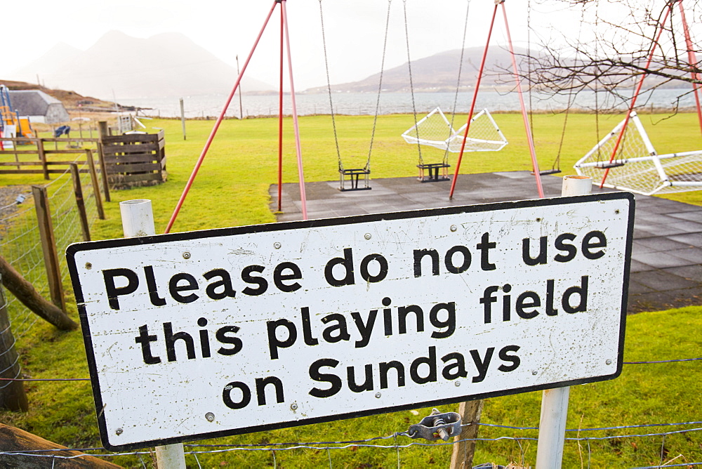 A sign indicating the community observes the Sabbath, in Inverarish on the Isle of Raasay, Scotland, United Kingdom, Europe