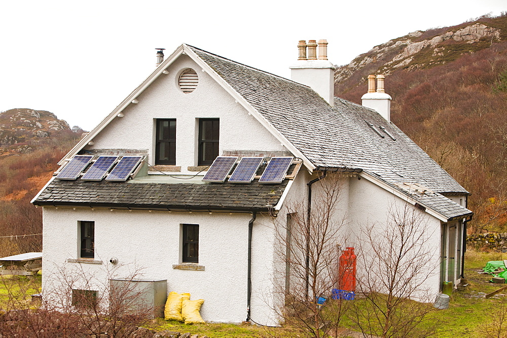 The Old School house, electricity provided by solar panels and a hydro turbine in the nearby stream,Torran, Isle of Raasay, Scotland, United Kingdom, Europe