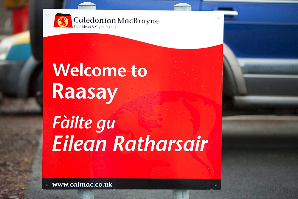 Welcome to Raasay sign at the ferry terminal, Scotland, United Kingdom, Europe