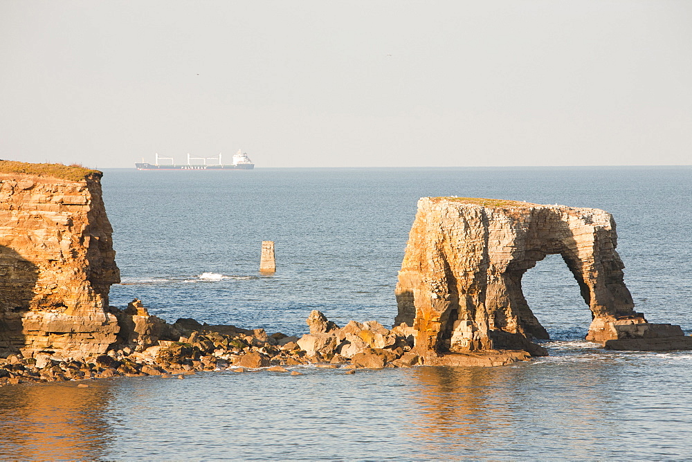 Sea stacks and sea arch on the North East coast at Whitburn, between Newcastle and Sunderland, Tyne and Wear, England, United Kingdom, Europe